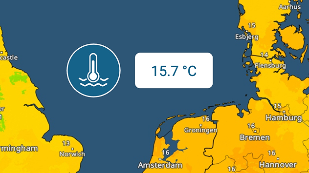 Map showing the water temperature of the North Sea. A value of 15.7 degrees is displayed in the centre. The coastal regions of England, the Netherlands, Germany and Denmark are visible.