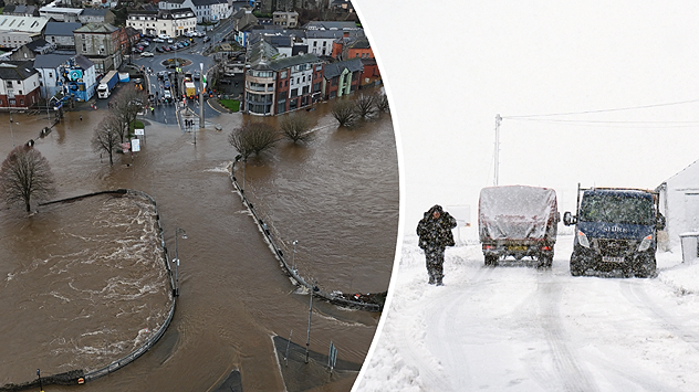 Split image showing aerial flooding in a town with muddy water covering roads on the left, and a rural road on the right blocked by heavy snowfall with vans stopped and a person walking in snow.