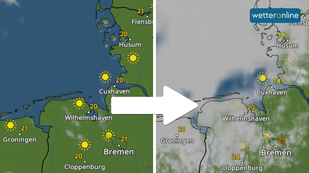 WetterRadar: Links sonniges Wetter mit 20 bis 21 Grad an der Nordseeküste, z. B. in Bremen, Wilhelmshaven und Cuxhaven. Rechts dichter Wolkenaufzug - ein deutlicher Wetterwechsel ist erkennbar.
