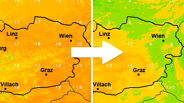 Zweiteilige Wetterkarte mit Taupunktangaben. Links: Am Sonntag Höchstwerte um 20 Grad in Wien und 18 Grad Taupunkttemperatur in Graz. Rechts: Am Montag deutlich niedrigerer Taupunkt mit nur 9 Grad in Wien und 14 Grad in Graz.