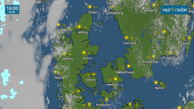 VejrRadar over Danmark den 22. september med solrigt og tørt efterårsvejr i store dele af landet.