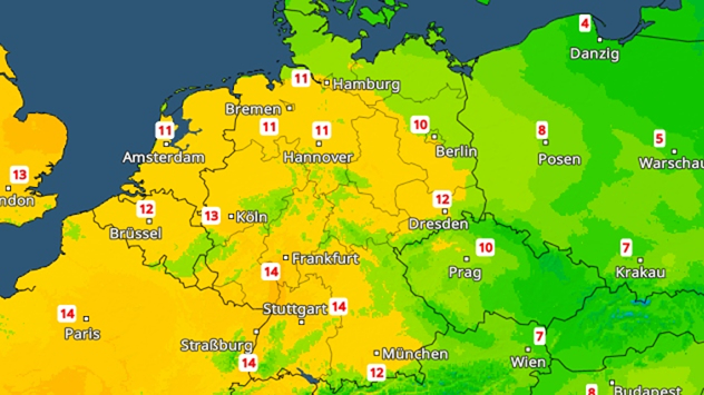 Wetterkarte von Mitteleuropa mit Temperaturangaben: In Deutschland liegen die Werte meist zwischen 10 und 14 Grad. Im Westen und Süden ist es mit bis zu 14 Grad milder (z. B. Köln, Frankfurt, Stuttgart), während es nach Osten hin kühler wird – etwa 8 Grad in Posen und 7 Grad in Wien.