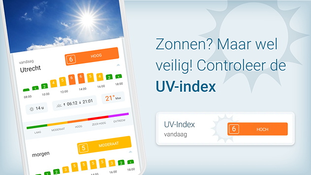 Een overzicht van de uv-index functie van de Weer & Radar app. In het overzicht van de UV-index kun je de zonkracht van de actuele dag en de komende dagen checken.