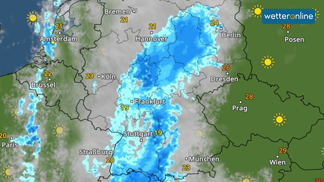 WetterRadar mit großem Regengebiet von Süddeutschland bis nach Brandenburg