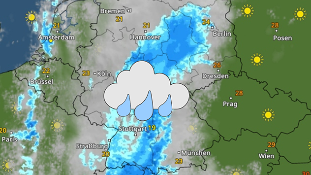 WetterRadar mit großem Regengebiet von Süddeutschland bis nach Brandenburg