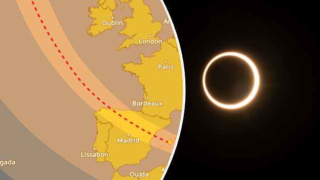 Kaart van Europa met het verloop van de zonsverduistering. Rechts is de zon tijdens de verduistering afgebeeld als een stralende ring.