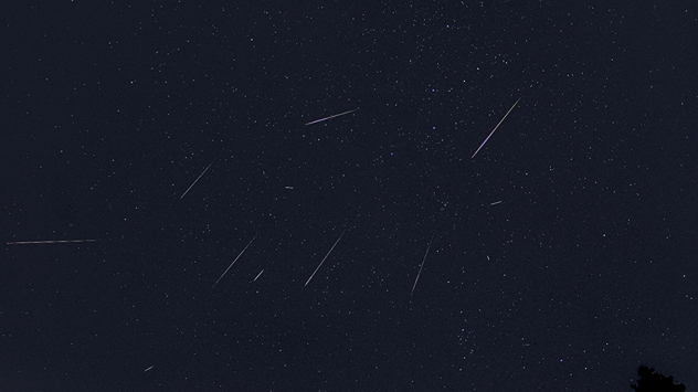 Dunkler Himmel voller Sterne. Mehrere Sternschnuppen fliegen in verschiedene Richtungen - typisch für ein Meteor-Schauer.