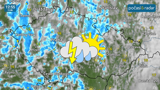 Meteoradar, screenshot, 11. 6. 12:55: Čtvrtek do Česka přináší chladné počasí s proměnlivou oblačností a poměrně četnými přeháňkami.