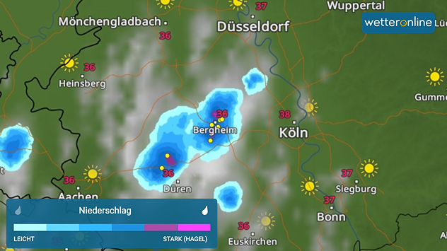 Das aktuelle WetterRadar zeigt die ersten Hitzegewitter im Westen von Deutschland.