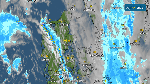 VejrRadar fra tirsdag d. 2. september viser  en lang byge tværs over Jylland med torden.