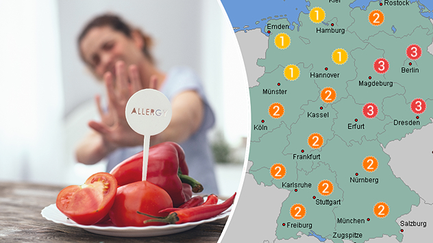 Zweiteiliges Bild: Links Teller mit Paprika und Tomaten sowie Allergy-Schild, Frau weicht zurück; rechts Karte mit regionaler Allergiebelastung in Deutschland.