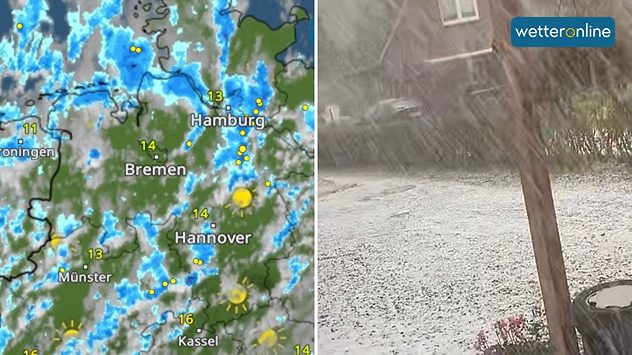 Das WetterRadar zeigt einige Schauer und Gewitter im Nordwesten Deutschlands. Manche davon gehen sogar mit Hagel ein her, wie im rechten Bild bei Jever nordwestlich von Bremen.