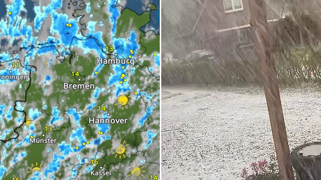 Das WetterRadar zeigt einige Schauer und Gewitter im Nordwesten Deutschlands. Manche davon gehen sogar mit Hagel ein her, wie im rechten Bild bei Jever nordwestlich von Bremen.