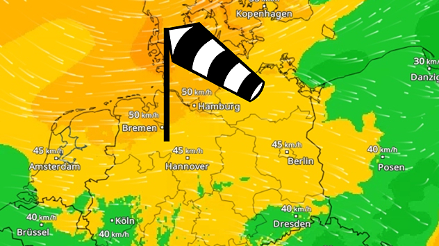 WindRadar mit einer Karte Deutschlands und einem Windsack-Symbol. Im Norden werden für heute starke bis stürmische Windverhältnisse dargestellt.