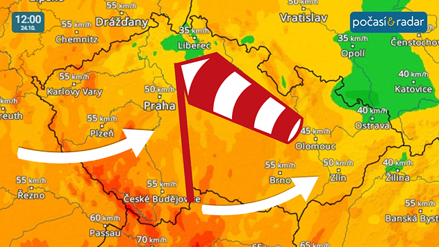 Větrný radar, screenshot, 24. 10. 12:00: V nejbližších dnech nás čeká poměrně větrné počasí. Například v pátek během dne očekáváme přechodně čerstvý západní vítr s nárazy o rychlostech až kolem 50 km/h.