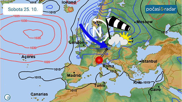 Předpověď synoptické situace nad Evropou na sobotu 25. 10. Česko zůstává pod vlivem hluboké tlakové níže, jejíž střed se bude v nejbližších dnech pohybovat nad jižní Skandinávií. Do Česka bude kolem této níže proudit chladný a vlhký vzduch od západu až severozápadu.