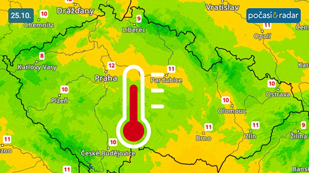 Předpověď maximálních teplot v Česku na sobotu 25. 10. Nejvyšší denní teploty se u nás budou v nejbližších dnech pohybovat kolem 10 °C.
