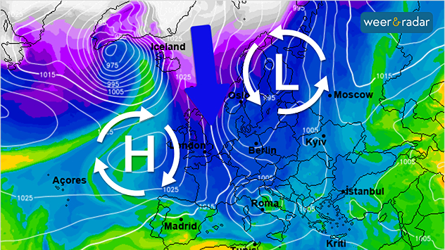 De weerkaart voor midden komende week toont een diepe noordstroming, die koude lucht uit de poolstreken aanvoert. Talrijke maartse buien zijn het gevolg.