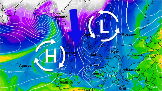 De weerkaart voor midden komende week toont een diepe noordstroming, die koude lucht uit de poolstreken aanvoert. Talrijke maartse buien zijn het gevolg.