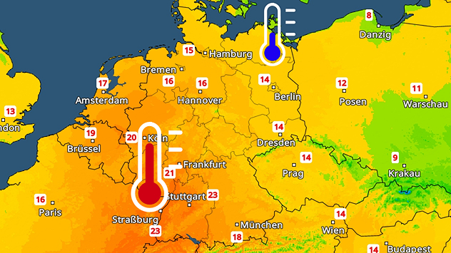 Karte mit Höchsttemperaturen für Samstag in Mitteleuropa. Warme Farben im Westen, kühlere Bereiche im Norden und Nordosten.