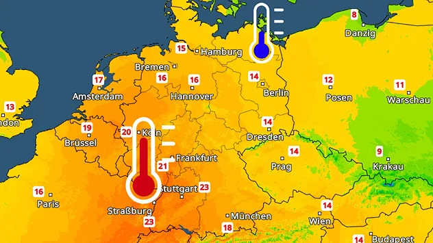 Karte mit Höchsttemperaturen für Samstag in Mitteleuropa. Warme Farben im Westen, kühlere Bereiche im Norden und Nordosten.
