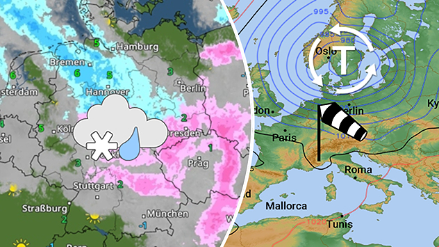 WetterRadar für Silvester mit Regen und Schnee (links) und Wetterlage mit Tief über Skandinavien und einem Windsack (rechts)