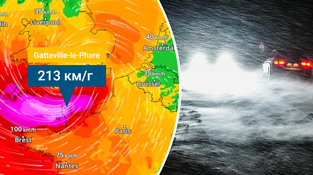 Ліворуч на карті вітрів показані ураганний вітер над Ла-Маншем. Праворуч сніг і сильний вітер ускладнюють видимість на дорозі.