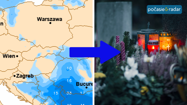 Rozdelená grafika s mapou očakávaných zrážok naľavo a hrobom so zapálenými sviečkami a jemným náznakom snehu napravo, prepojená modrou šípkou.