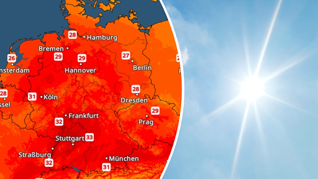 Wettergrafik für Deutschland mit verbreitet hohen Temperaturen zwischen 27 und 33 Grad. Besonders heiß ist es im Süden und Südwesten. Rechts daneben scheint eine helle Sonne vor blauem Himmel.