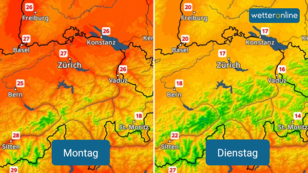 Links ist eine Temperaturkarte für die Schweiz zu sehen mit den Höchstwerten für Montag (25 bis 27 Grad). Rechts das gleiche für Dienstag (16 bis 20 Grad).