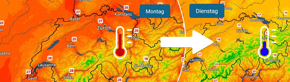 Links ist eine Temperaturkarte für die Schweiz zu sehen mit den Höchstwerten für Montag (25 bis 27 Grad). Rechts das gleiche für Dienstag (16 bis 20 Grad).