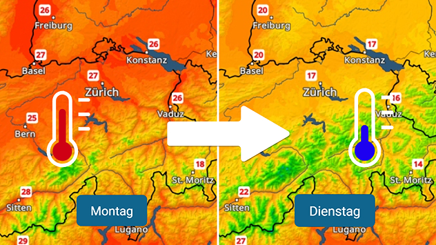 Links ist eine Temperaturkarte für die Schweiz zu sehen mit den Höchstwerten für Montag (25 bis 27 Grad). Rechts das gleiche für Dienstag (16 bis 20 Grad).