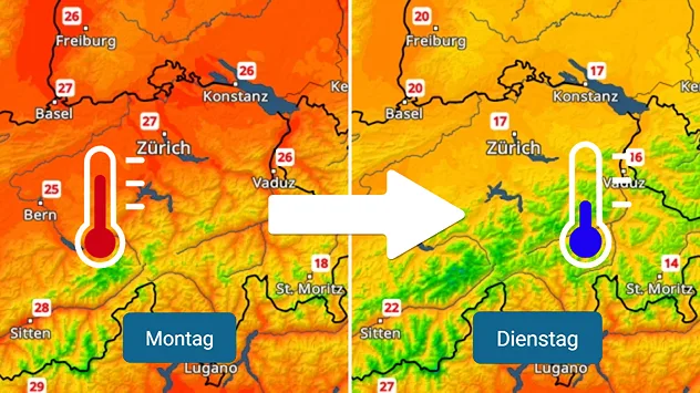 Links ist eine Temperaturkarte für die Schweiz zu sehen mit den Höchstwerten für Montag (25 bis 27 Grad). Rechts das gleiche für Dienstag (16 bis 20 Grad).