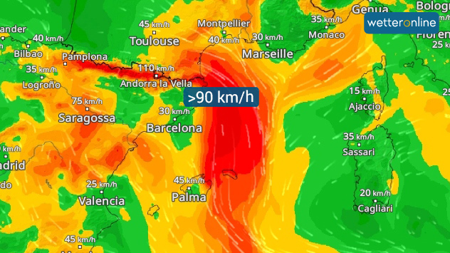 Im WindRadar sind die eindrucksvollen Sturmfahnen (rot) gut zu erkennen.
