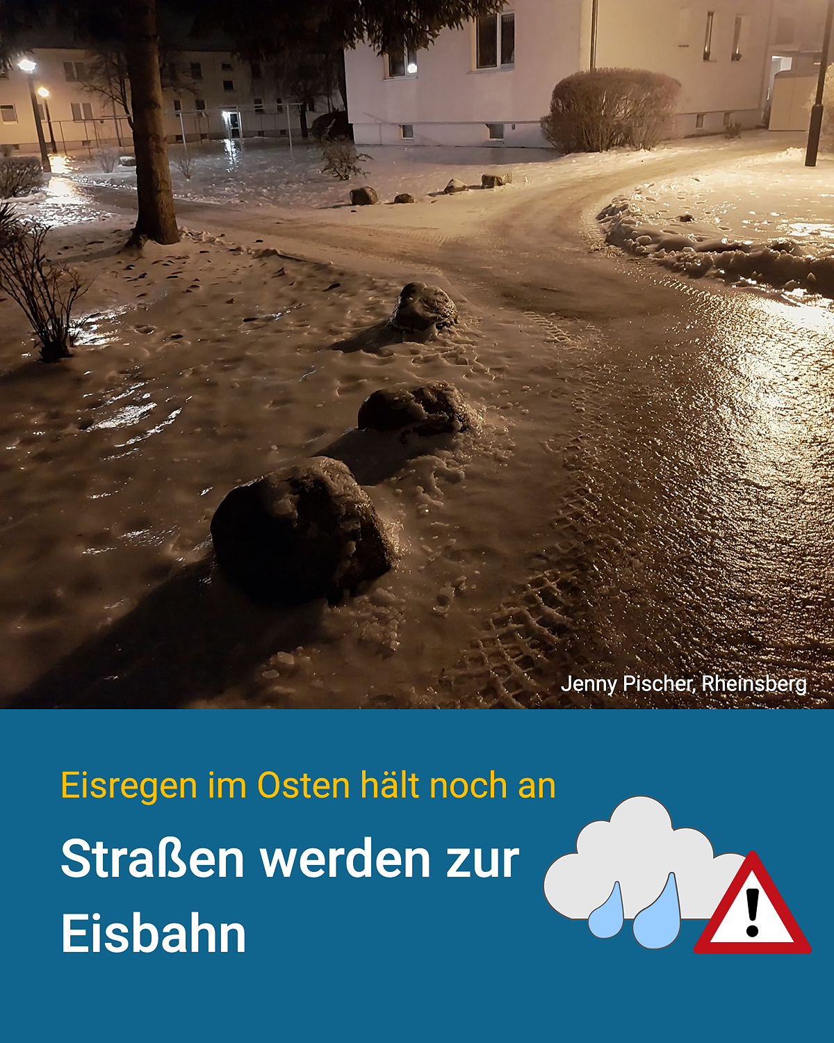 Eine Warnung vor Glatteis auf eine Bild mit glatter Straße