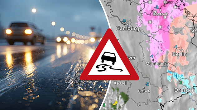 Rechts: Eine Warnung vor Glatteis auf eine Bild mit glatter Straße, links das WetterRadar mit glatteisregen in Ostdeutschland.