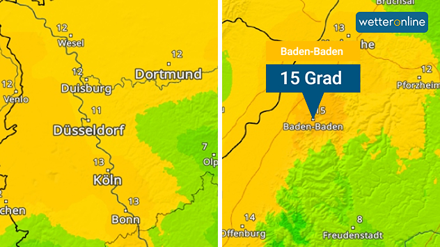 TemperaturRadar von Sonntagmorgen zeigt die sehr milde Luft