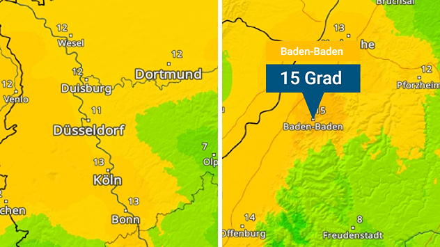 TemperaturRadar von Sonntagmorgen zeigt die sehr milde Luft