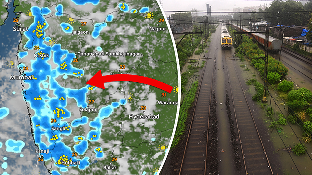 Weather radar map highlighting heavy rainfall over Maharashtra and surrounding region. A flooded railway track with a halted local train depicts the disruption caused by the downpour.