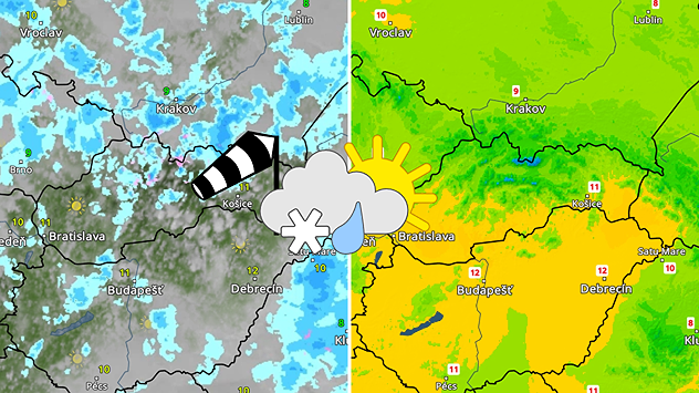 Rozdelená grafika Slovenska so satelitno-zrážkovou mapou naľavo, doplnenou veterným rukávom a ikonou dažďa so snehom, a teplotnou mapou napravo s hodnotami približne od 8 do 12 °C.