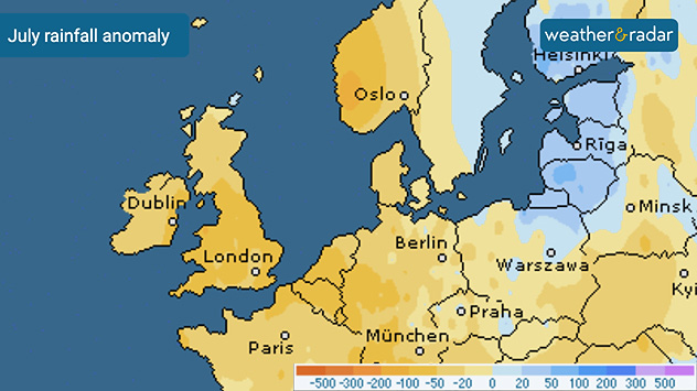 July rainfall anomaly map of Europe showing widespread rainfall deficits across the UK, Ireland, and western Europe, with wetter anomalies in parts of northeastern Europe.