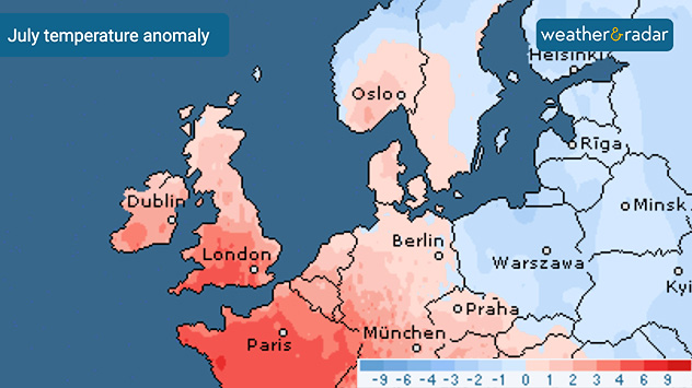 July temperature anomaly map of Europe showing warmer-than-average temperatures in red across the UK, Ireland, and western Europe, with cooler anomalies further east.