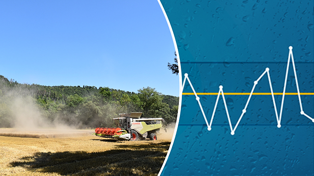 Mähdrescher bei der Ernte auf trockenem Feld, daneben Grafik mit Niederschlagskurve.