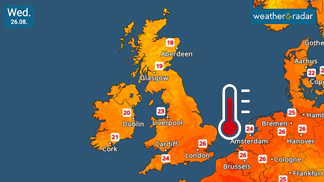 Temperature map for Wednesday August 26th showing 26°C near London, 24°C in Cardiff, 23°C in Liverpool, 20°C in Dublin, and 18-19°C across Scotland.