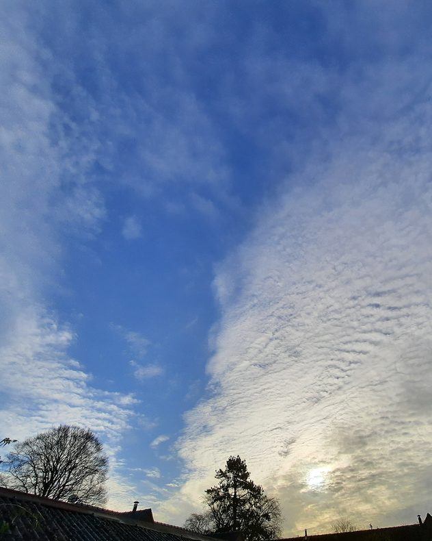 Wide view of blue sky with scattered white cloud layers, bright sun partially diffused behind cloud on the right, and silhouettes of leafless trees and rooftops below.