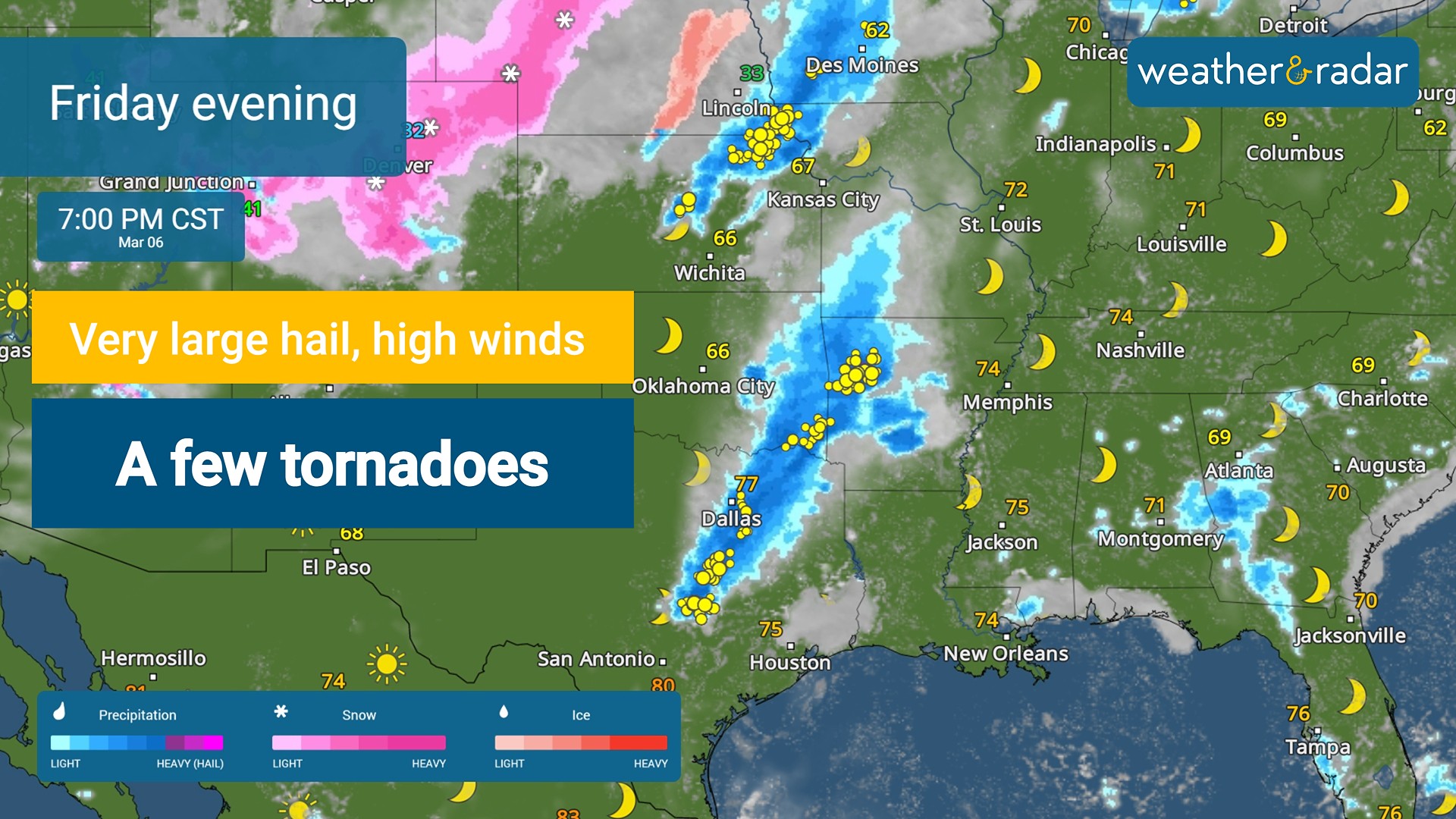 This evening brings the threat of damaging winds, large hail and tornadoes across the Plains.