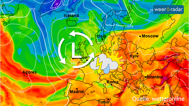 De europese weerkaart voor komend weekend toont een lagedrukgebied boven de Britse Eilanden, die voor wisselvallig weer bij ons zorgt met enkele buien.