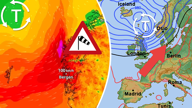 WindRadar mit Sturmtief vor Norwegen und Wetterkarte