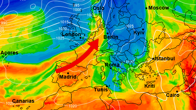 Die Karte zeigt milde Luft in Orange und kalte Luft in Blau. Milde Luft strömt im Wochenverlauf aus Südwesten über Spanien und Frankreich nach Deutschland.