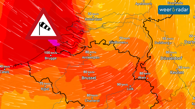 Een uitsnede van Zuid-Nederland en Noord-België met een stormlogo voor de kust van Zeeland. Aan zee komen windstoten tot 120 kilometer per uur voor. In het binnenland tot rond de 90 kilometer per uur.